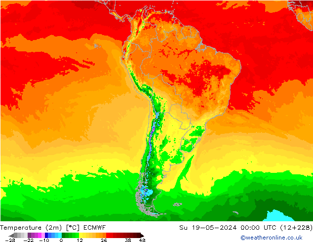 mapa temperatury (2m) ECMWF nie. 19.05.2024 00 UTC