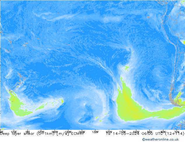 Deep layer shear (0-1km) ECMWF Tu 14.05.2024 06 UTC