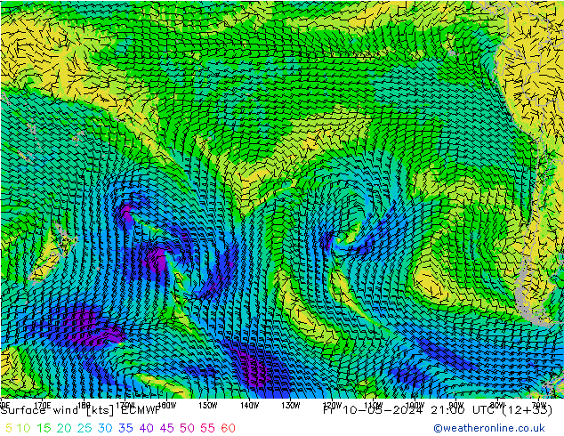 Surface wind ECMWF Pá 10.05.2024 21 UTC