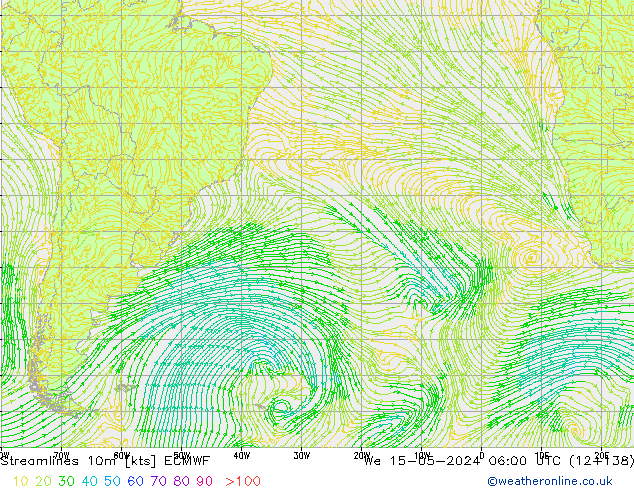 Streamlines 10m ECMWF We 15.05.2024 06 UTC