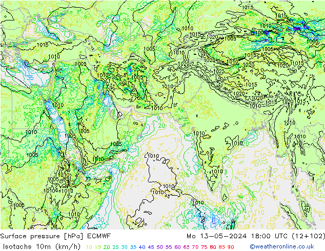 Eşrüzgar Hızları (km/sa) ECMWF Pzt 13.05.2024 18 UTC