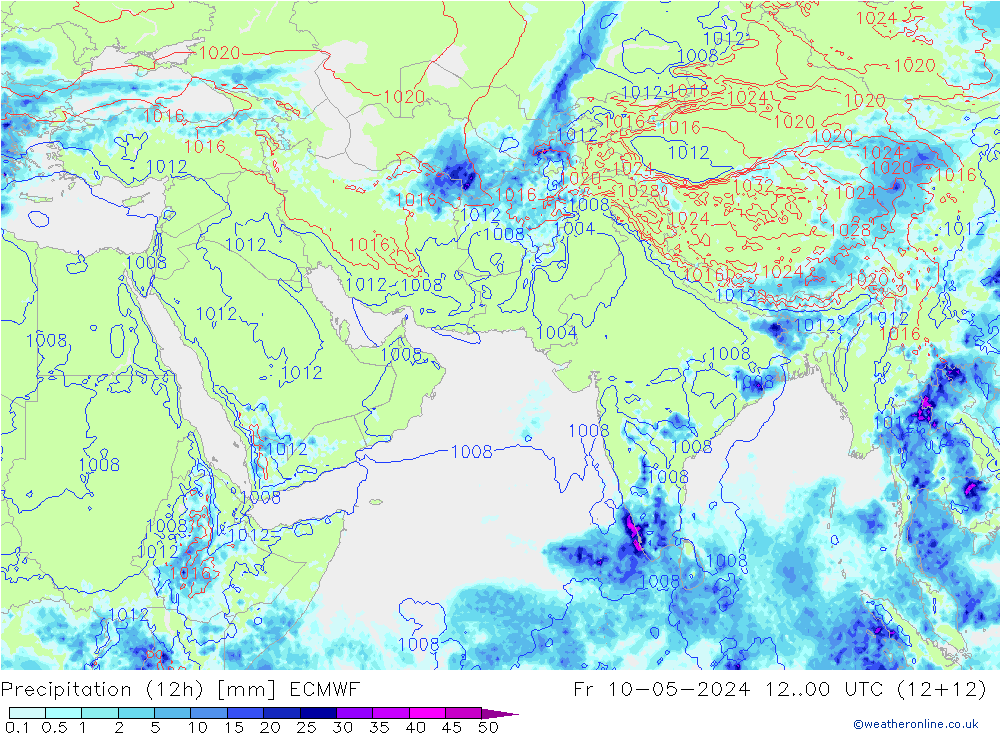 Precipitation (12h) ECMWF Pá 10.05.2024 00 UTC