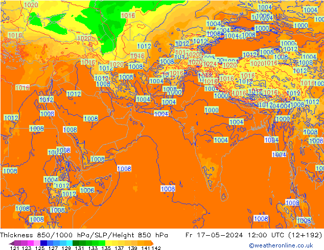 Dikte 850-1000 hPa ECMWF vr 17.05.2024 12 UTC