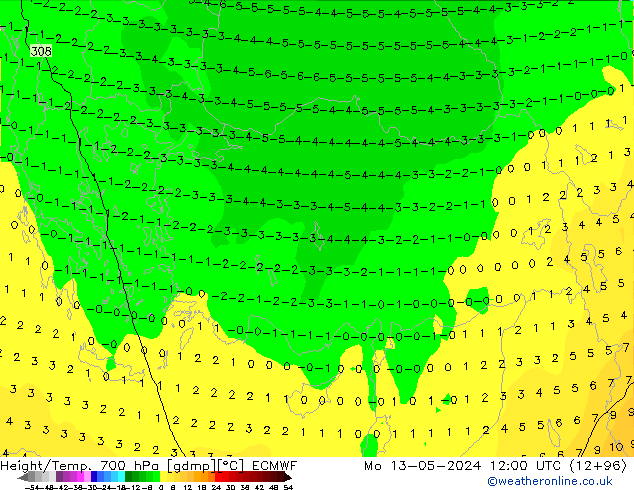 Height/Temp. 700 hPa ECMWF Po 13.05.2024 12 UTC