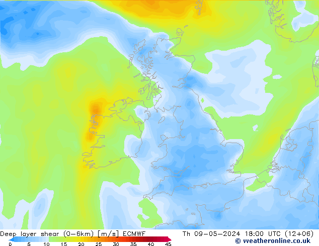 Deep layer shear (0-6km) ECMWF jue 09.05.2024 18 UTC