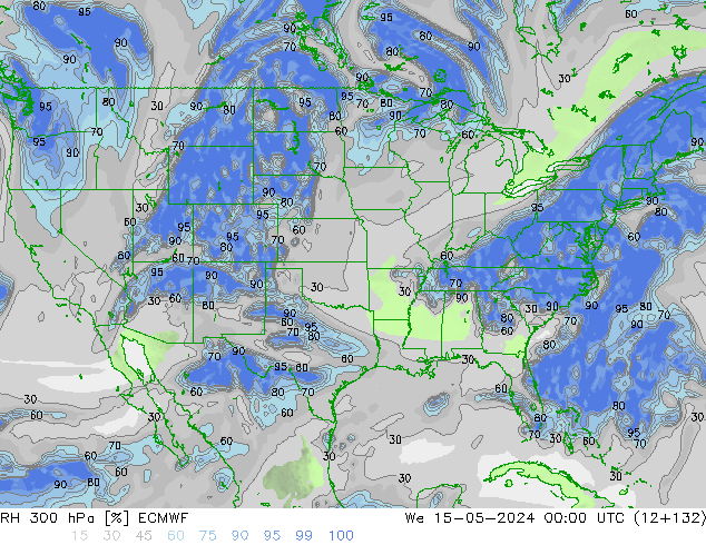 Humidité rel. 300 hPa ECMWF mer 15.05.2024 00 UTC