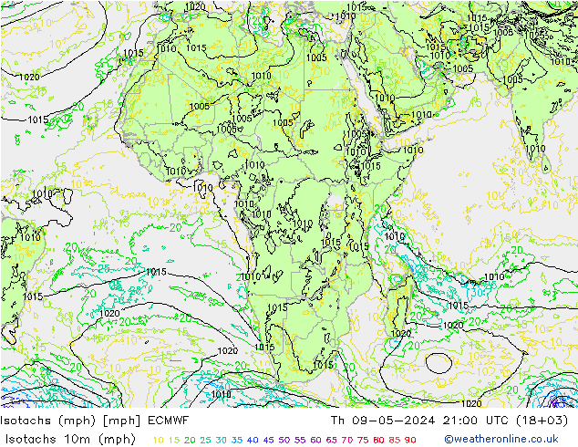 Isotachs (mph) ECMWF gio 09.05.2024 21 UTC