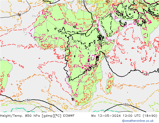 Z500/Rain (+SLP)/Z850 ECMWF Mo 13.05.2024 12 UTC