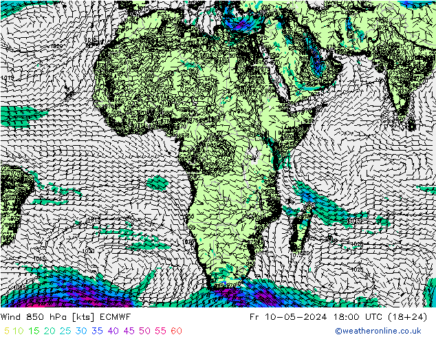 wiatr 850 hPa ECMWF pt. 10.05.2024 18 UTC