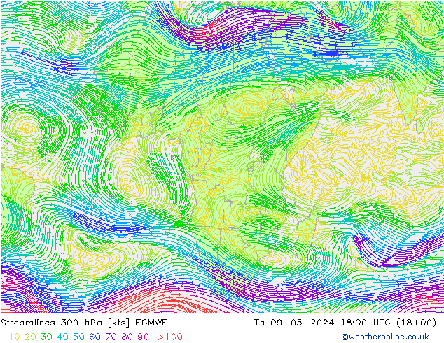 Línea de corriente 300 hPa ECMWF jue 09.05.2024 18 UTC