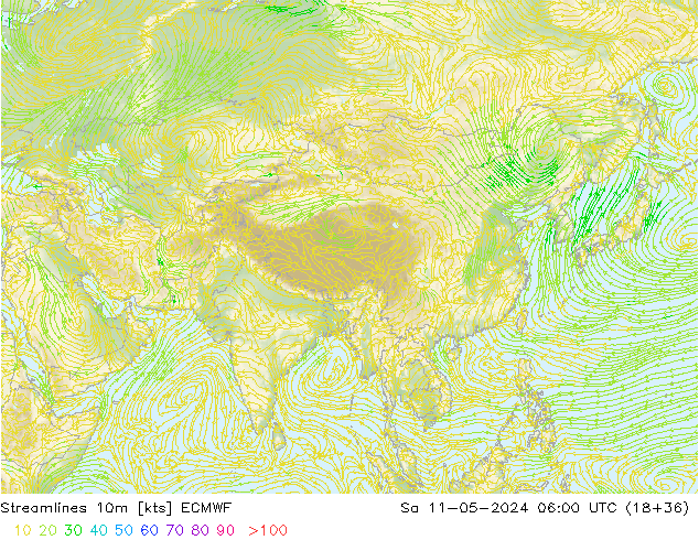 Linea di flusso 10m ECMWF sab 11.05.2024 06 UTC