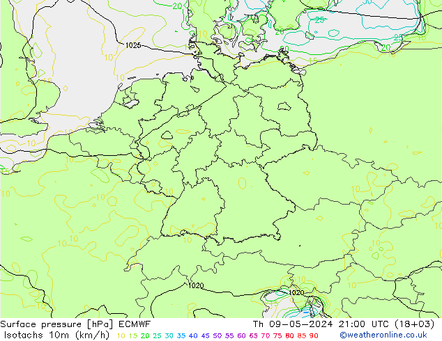 10米等风速线 (kph) ECMWF 星期四 09.05.2024 21 UTC