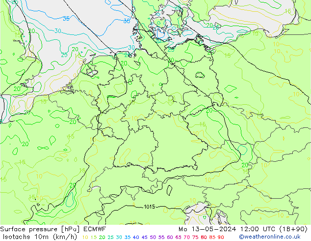 Isotachen (km/h) ECMWF Mo 13.05.2024 12 UTC