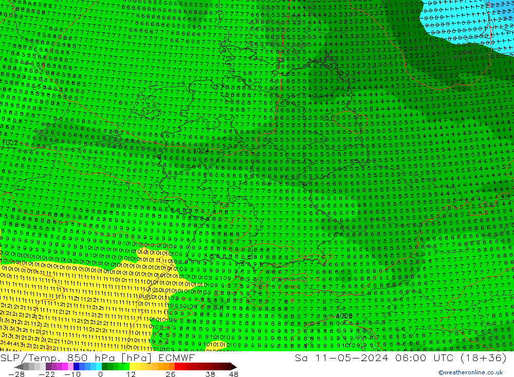 SLP/Temp. 850 hPa ECMWF Sa 11.05.2024 06 UTC