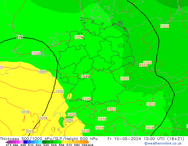 Dikte 500-1000hPa ECMWF vr 10.05.2024 15 UTC