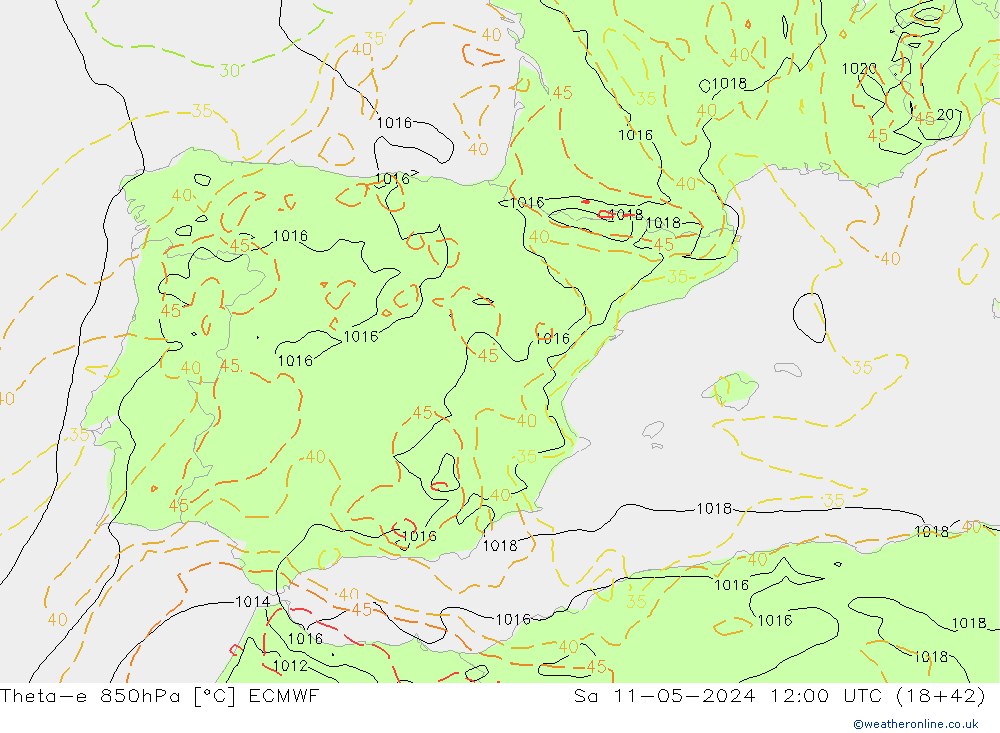 Theta-e 850hPa ECMWF sáb 11.05.2024 12 UTC