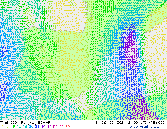 Wind 500 hPa ECMWF Th 09.05.2024 21 UTC