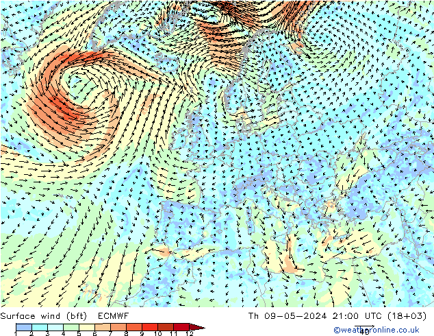 Rüzgar 10 m (bft) ECMWF Per 09.05.2024 21 UTC