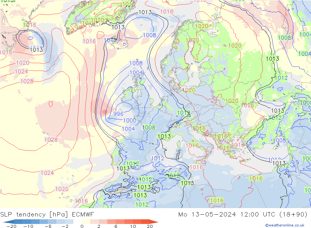 SLP tendency ECMWF Mo 13.05.2024 12 UTC