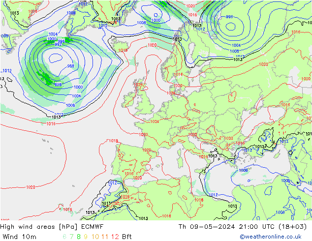 High wind areas ECMWF jeu 09.05.2024 21 UTC
