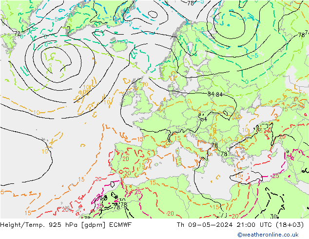 Height/Temp. 925 hPa ECMWF Do 09.05.2024 21 UTC