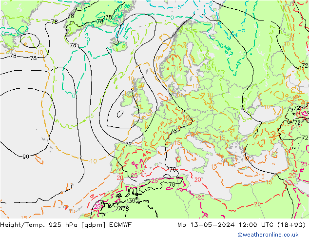 Hoogte/Temp. 925 hPa ECMWF ma 13.05.2024 12 UTC