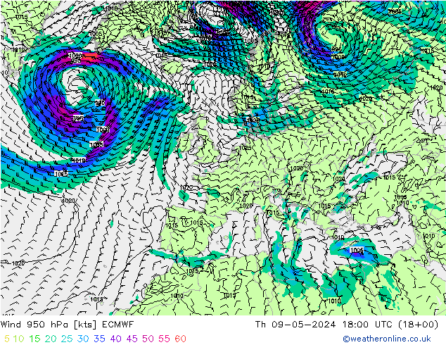 Wind 950 hPa ECMWF Do 09.05.2024 18 UTC