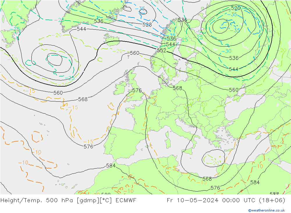 Z500/Rain (+SLP)/Z850 ECMWF 星期五 10.05.2024 00 UTC
