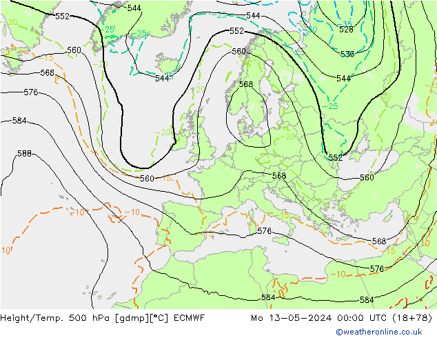 Z500/Yağmur (+YB)/Z850 ECMWF Pzt 13.05.2024 00 UTC