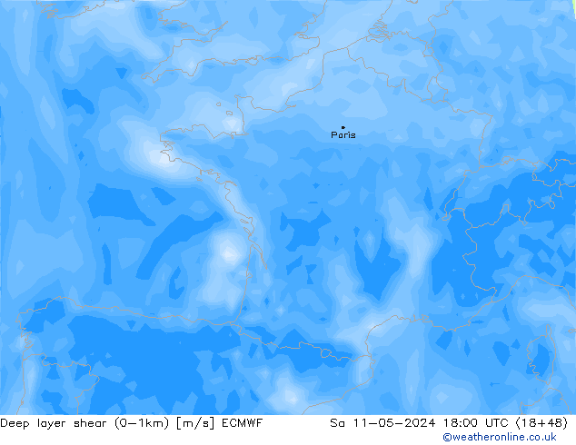 Deep layer shear (0-1km) ECMWF Sáb 11.05.2024 18 UTC