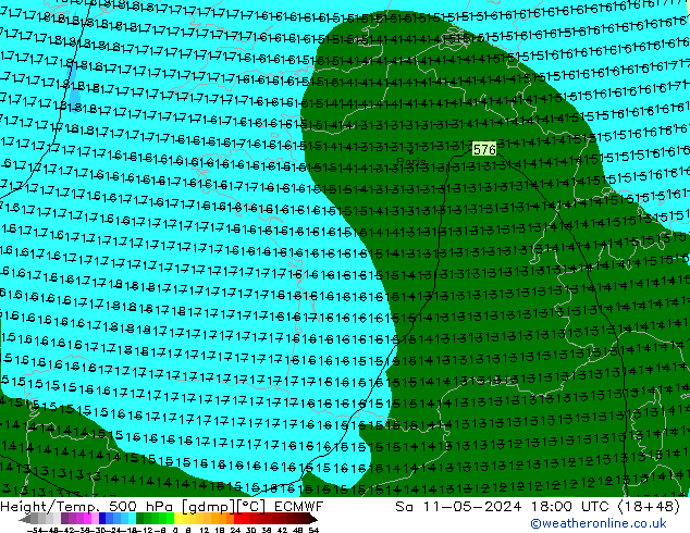 Z500/Rain (+SLP)/Z850 ECMWF Sáb 11.05.2024 18 UTC