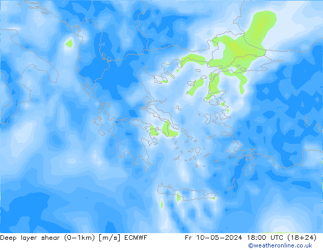 Deep layer shear (0-1km) ECMWF ven 10.05.2024 18 UTC