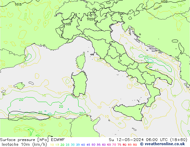 Isotachen (km/h) ECMWF zo 12.05.2024 06 UTC