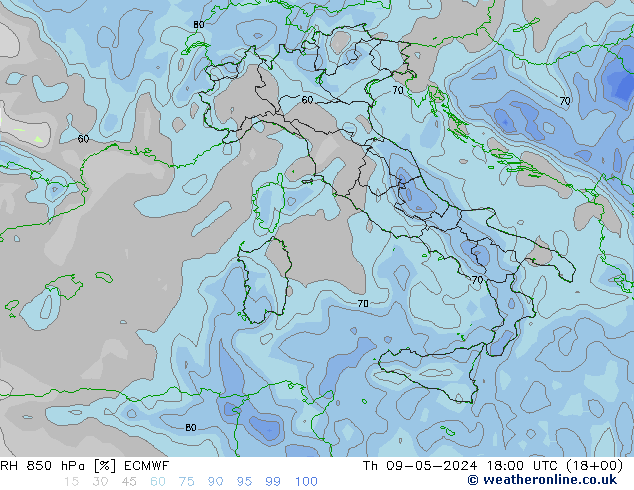 RH 850 hPa ECMWF Čt 09.05.2024 18 UTC