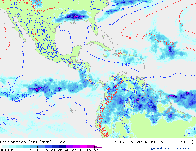 Totale neerslag (6h) ECMWF vr 10.05.2024 06 UTC