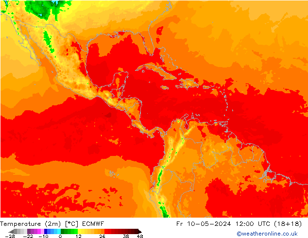 mapa temperatury (2m) ECMWF pt. 10.05.2024 12 UTC