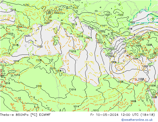 Theta-e 850hPa ECMWF Fr 10.05.2024 12 UTC