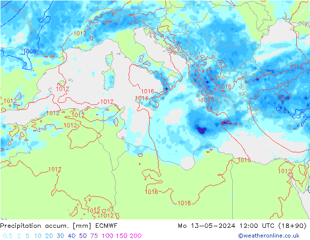 Precipitation accum. ECMWF Mo 13.05.2024 12 UTC