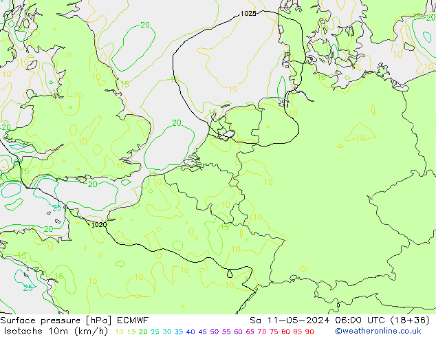 Isotachs (kph) ECMWF So 11.05.2024 06 UTC