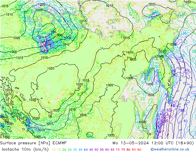 Eşrüzgar Hızları (km/sa) ECMWF Pzt 13.05.2024 12 UTC