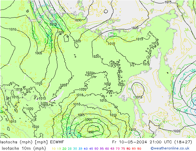 Isotachs (mph) ECMWF Fr 10.05.2024 21 UTC