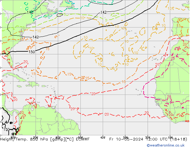 Geop./Temp. 850 hPa ECMWF vie 10.05.2024 12 UTC