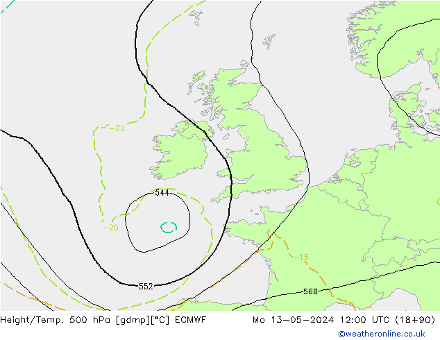 Geop./Temp. 500 hPa ECMWF lun 13.05.2024 12 UTC