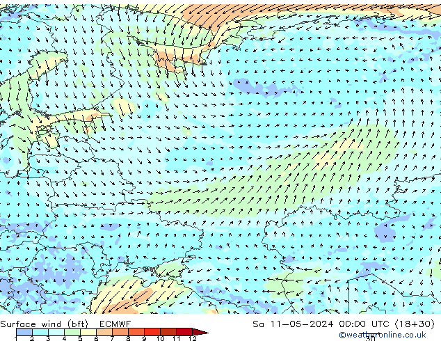 Surface wind (bft) ECMWF Sa 11.05.2024 00 UTC