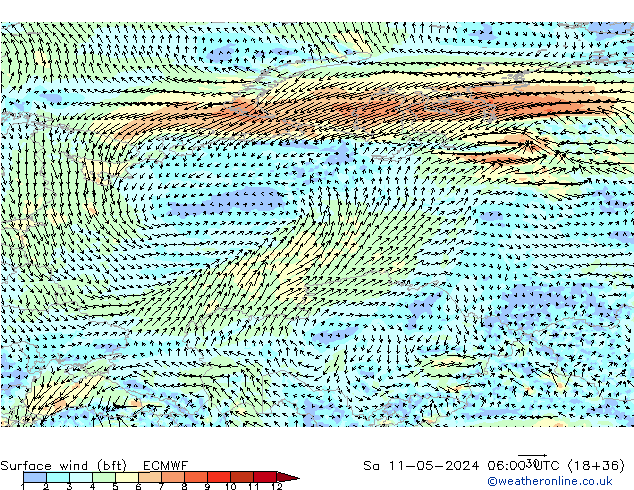 Surface wind (bft) ECMWF Sa 11.05.2024 06 UTC