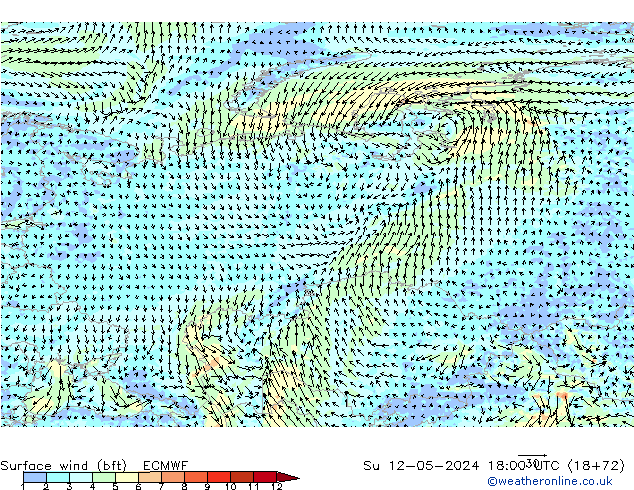 Surface wind (bft) ECMWF Su 12.05.2024 18 UTC