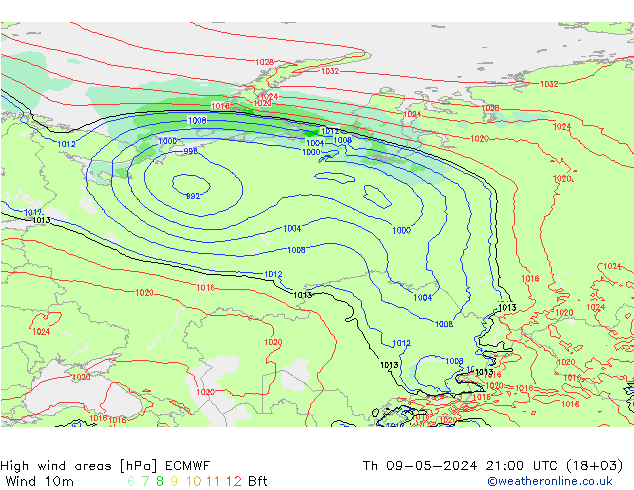 High wind areas ECMWF Th 09.05.2024 21 UTC