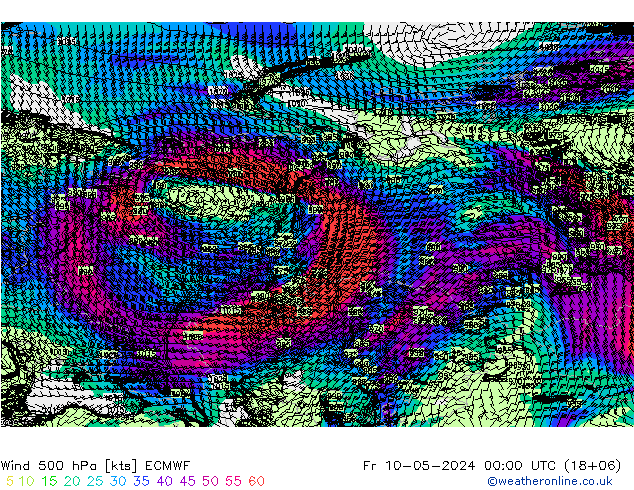 wiatr 500 hPa ECMWF pt. 10.05.2024 00 UTC