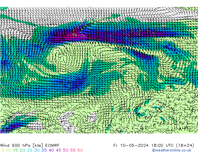 Rüzgar 900 hPa ECMWF Cu 10.05.2024 18 UTC