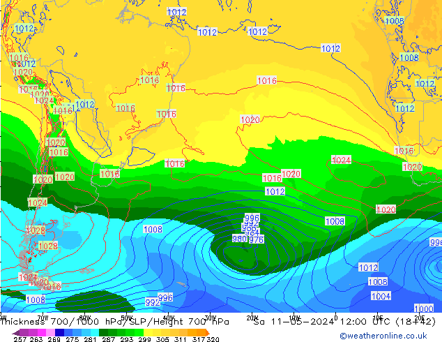 Thck 700-1000 гПа ECMWF сб 11.05.2024 12 UTC